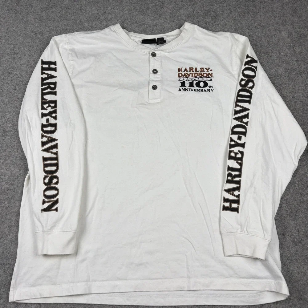 Harley Davidson Henley Shirt Mens 2XL White 110th Anniversary Long Sleeve - Picture 2 of 11